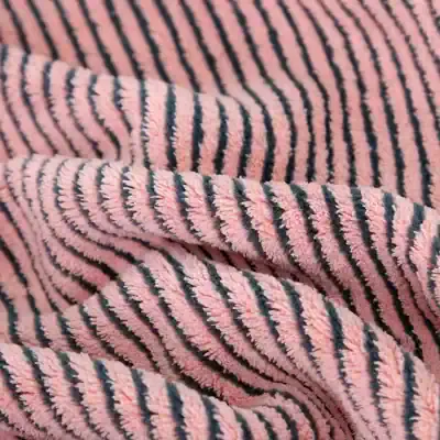 Soft pink and navy striped plush fabric, perfect for cozy clothing and accessories, showcasing high-quality, comfortable textile material from Monalisa Store.