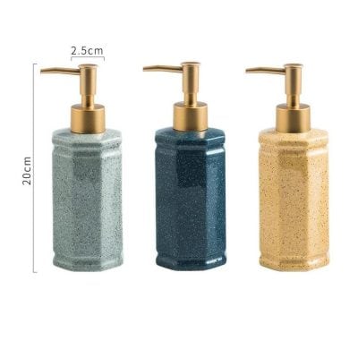 Vegan ceramic soap dispensers with gold pumps in green, navy, and beige, perfect for bathroom and kitchen accessories. Durable, stylish, and easy to refill, ideal for any home decor.