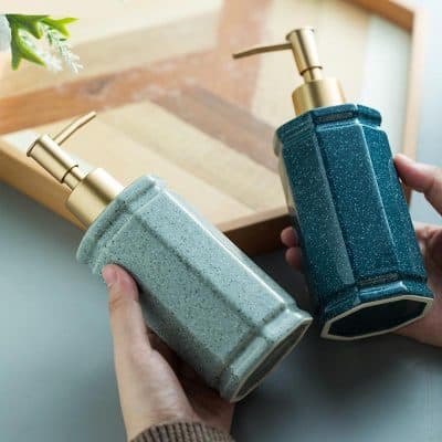 Ceramic soap dispensers, Monalisa Store, elegant bathroom accessories, modern soap bottles with gold pumps, stylish soap containers for home decor.