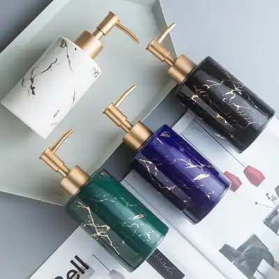 Gold and white marble soap dispensers, elegant bathroom accessories, luxurious marble design, modern and stylish, Monalisa Store.