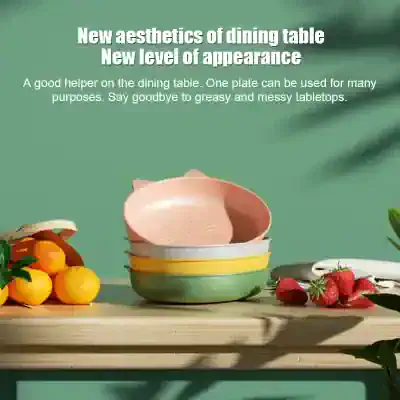 Colorful ceramic dining tableware stacked on wooden table with oranges and strawberries, modern aesthetic, Monalisa Medical store, stylish kitchen accessories, functional and decorative table decor.