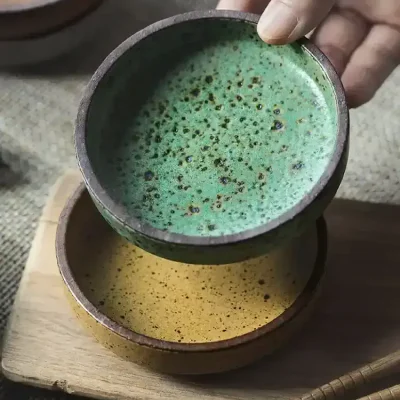 Surgical ceramic bowls for traditional Chinese medicine, green and yellow glaze, handcrafted medicinal containers, Monalisa Medical store, quality herbal medicine tools.