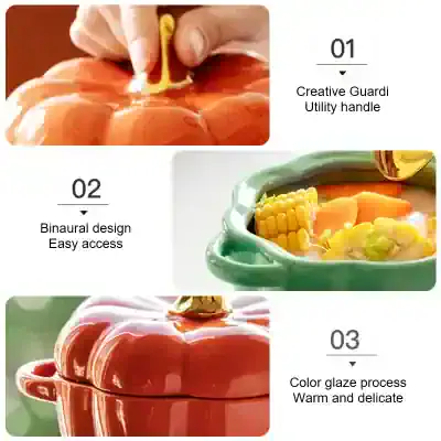 Hand-painted porcelain pumpkin utensil holder with a creative guard utility handle, featuring a binaural design for easy access, with a warm and delicate color glaze process for a stylish kitchen accessory.