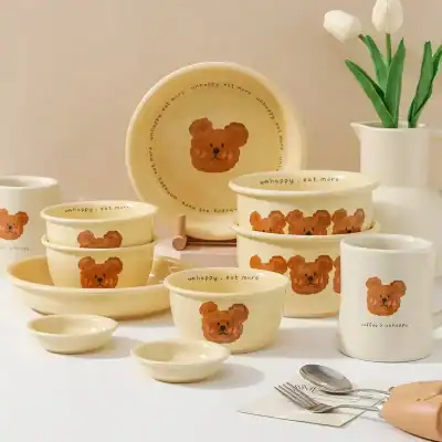 Bear-themed ceramic dishware set for dessert and snacks, featuring cute teddy bear illustrations and positive messages, perfect for kitchen decor or gift ideas.