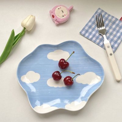 Colorful cherry and sky-themed ceramic plate with clouds and blue sky design, perfect for desserts and snacks at Monalisa Store.