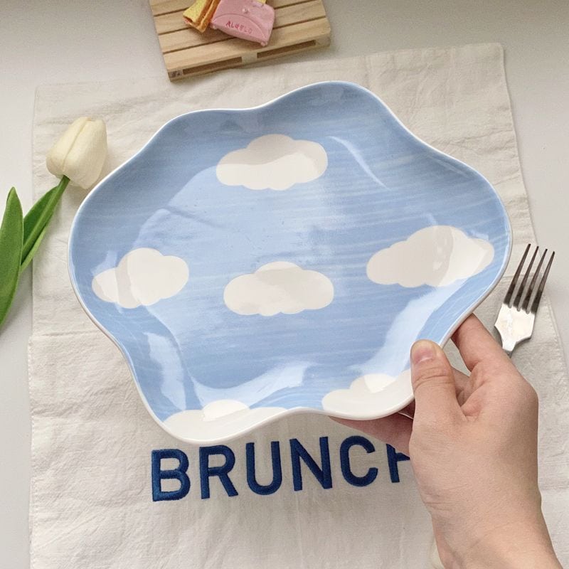 Cloud-shaped ceramic plate with sky and clouds design for brunch serving, ideal for breakfast or casual dining, stylish tableware for modern home decor, Monalisa Store opt.