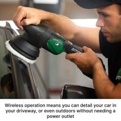 Professional car detailing using cordless polisher for a spotless finish at Monalisa Store, emphasizing automotive care and maintenance.