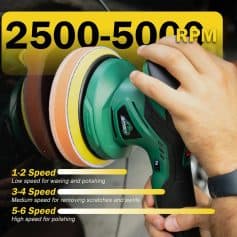 Polishing machine with variable speed settings for automotive detailing and car paint correction, featuring colorful buffing pads and ergonomic design for professional use.