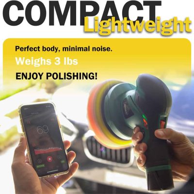 Highlights of a portable polishing device and smartphone demonstrating motor speed, with the focus on lightweight, compact design ideal for personalized optical care and eyeglass polishing at Monalisa Store.