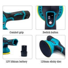 Variable handheld power sander with comfort grip and 12V lithium battery, ideal for home and professional use.