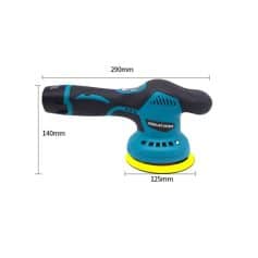 Black and blue cordless handheld car buffer with ergonomic design, perfect for polishing and detailing cars, measuring 290mm in length and 140mm in height.