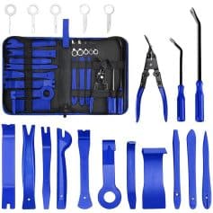 Blue optometry lenses cleaning tools set with tweezers, screwdrivers, and case for vision care and eye exam equipment.