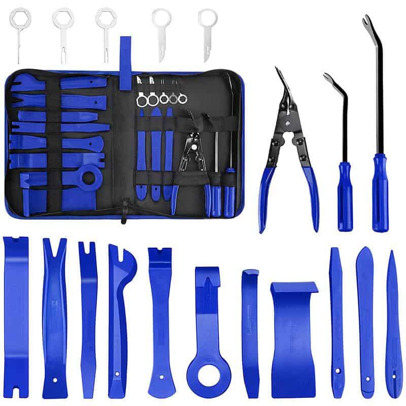 Blue optometry lenses cleaning tools set with tweezers, screwdrivers, and case for vision care and eye exam equipment.