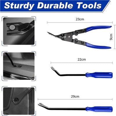 Durable automotive trim removal tools with ergonomic blue handles, featuring curved and flat pry bars for professional interior and exterior car applications.