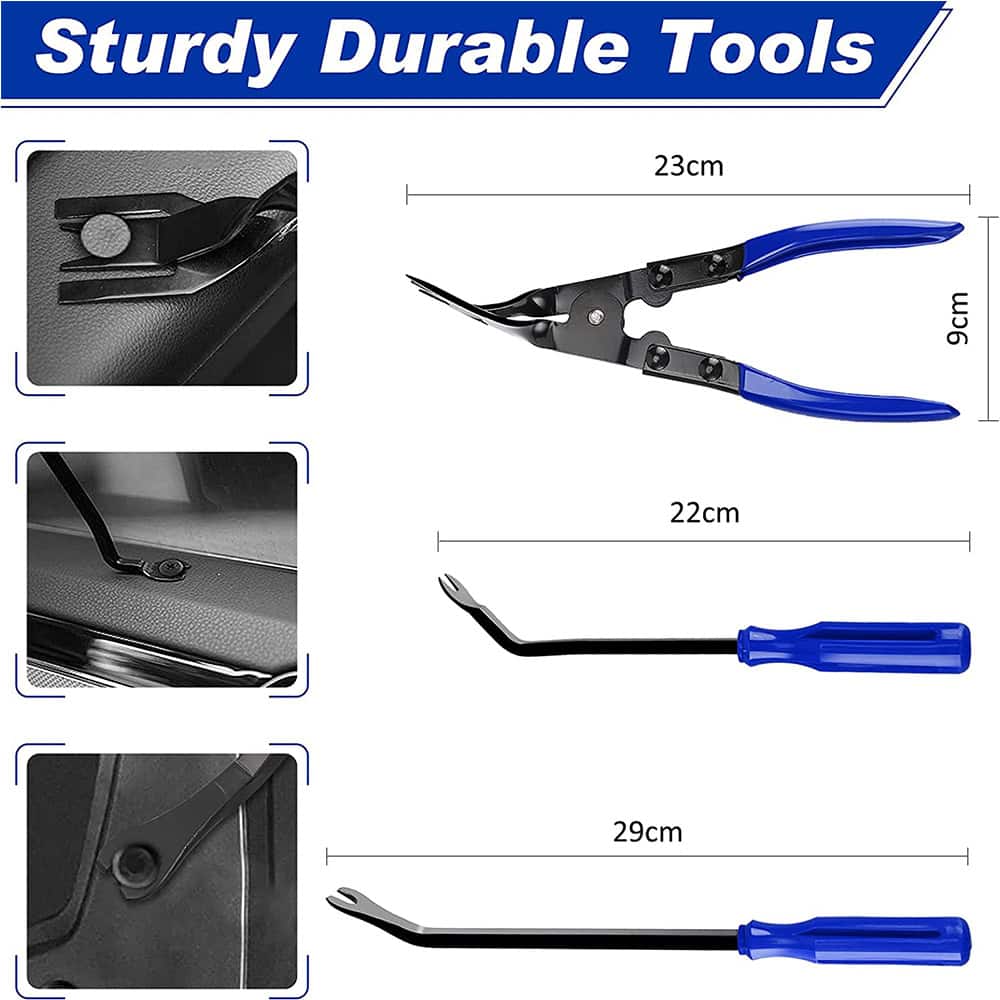 Durable automotive trim removal tools with ergonomic blue handles, featuring curved and flat pry bars for professional interior and exterior car applications.