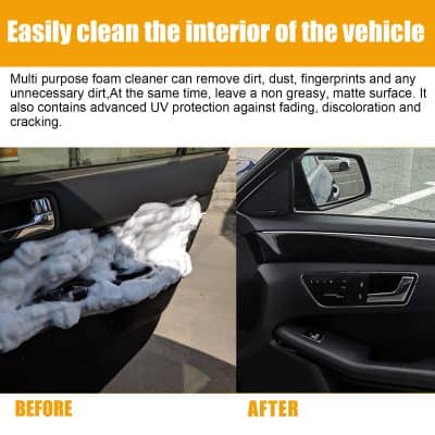 Multi purpose foam cleaner for car interior cleaning, removing dirt, dust, fingerprints, and leaving a non-greasy matte surface, with UV protection against fading and discoloration.