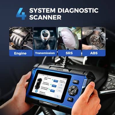 High-tech system diagnostic scanner for automotive repair, showing engine, transmission, SRS, and ABS diagnostics, ideal for professional car maintenance and troubleshooting.