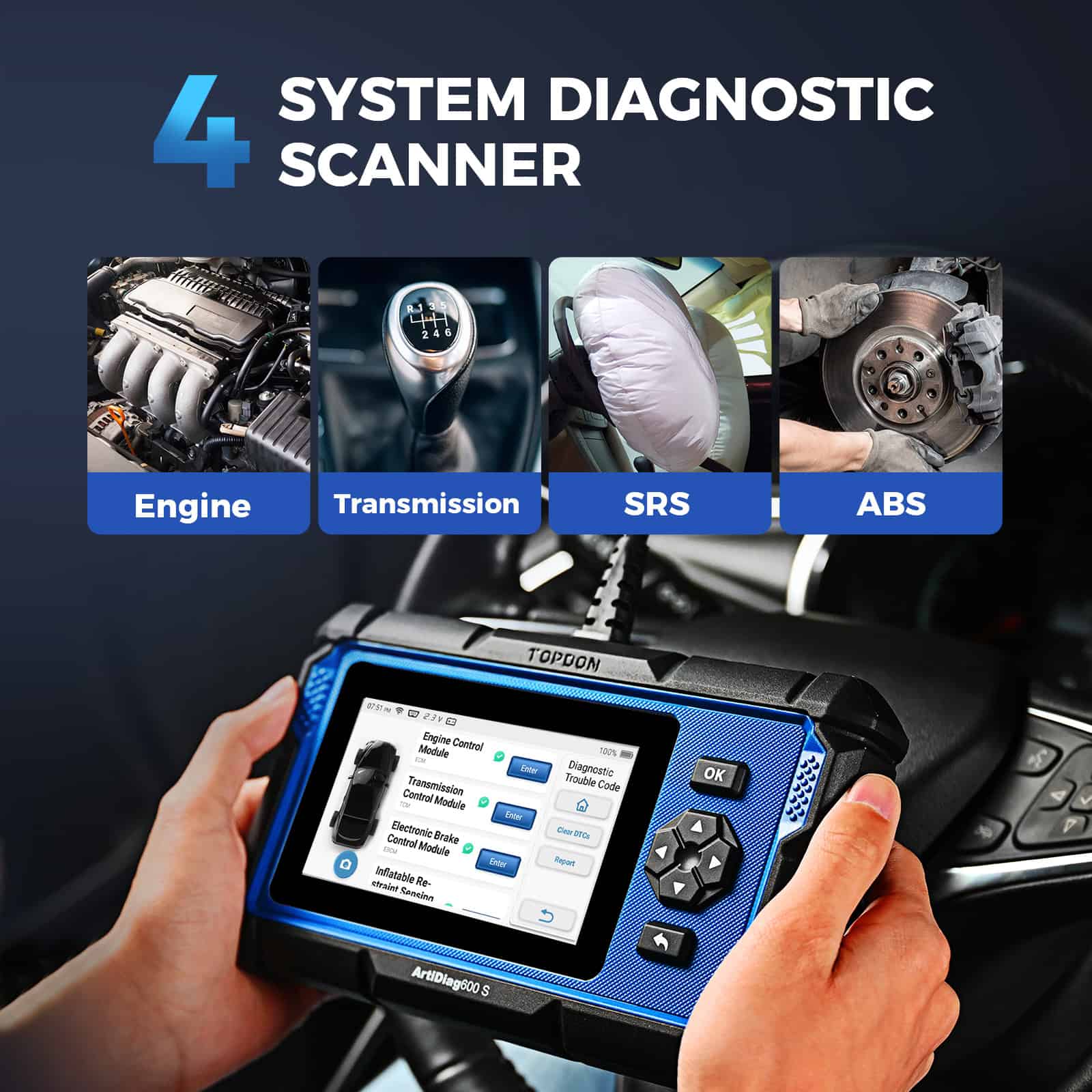 High-tech system diagnostic scanner for automotive repair, showing engine, transmission, SRS, and ABS diagnostics, ideal for professional car maintenance and troubleshooting.