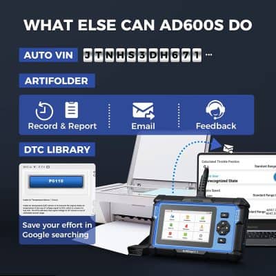Auto diagnostics and vehicle scanner device with DTC library and Bluetooth connectivity for car repair and maintenance.