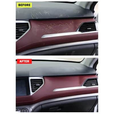 Scratched car dashboard restoration showing before and after polishing, highlighting improved appearance and cleanliness for vehicle interior enhancement.