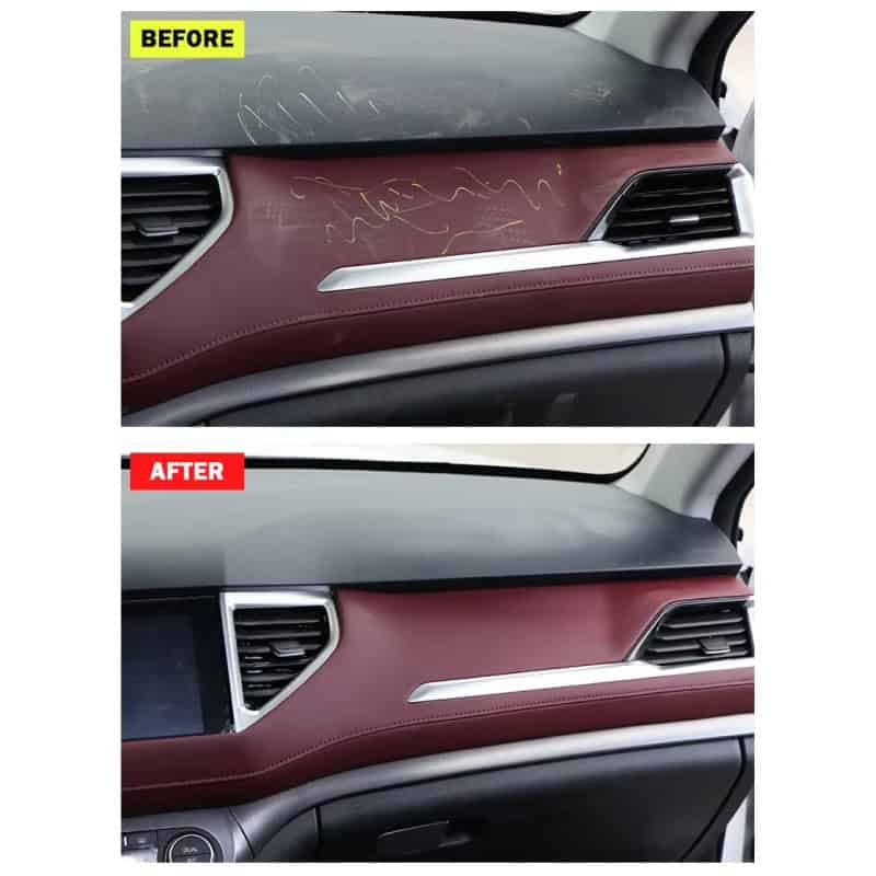 Scratched car dashboard restoration showing before and after polishing, highlighting improved appearance and cleanliness for vehicle interior enhancement.