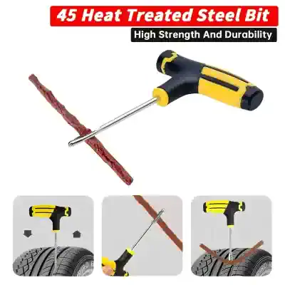 Steel tire repair tool with T-handle and replaceable steel bit for quick puncture fixes. Ideal for automotive and bike tire repairs, providing high durability and strength.