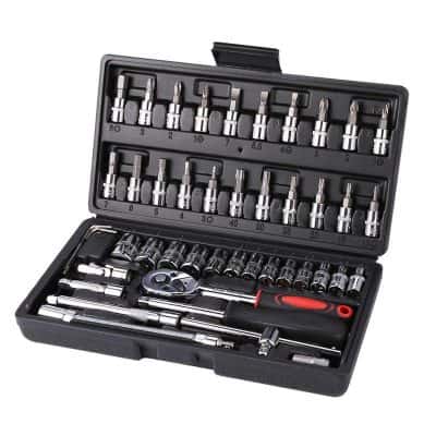 Precision screwdriver set with interchangeable bits for eyeglasses, electronics, and repairs. Includes ratchet handle, various screwdriver bits, and accessories for professional optometry and eyewear adjustments.