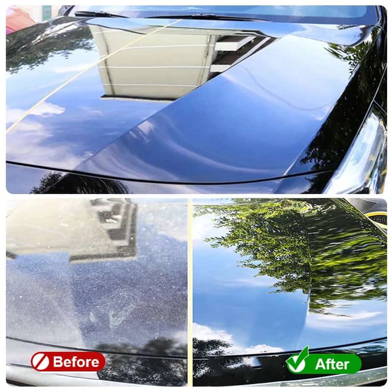 Polished black car hood with mirror finish showcasing water spot removal and paint correction for a glossy, pristine look – ideal for enhancing vehicle appearance.