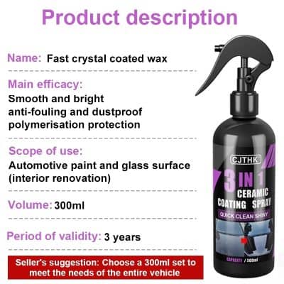 Car care ceramic coating spray for automotive paint and glass surfaces, quick clean and shiny protection, 300ml bottle, durable anti-fouling and dustproof polymerisation, vehicle interior renovation, Monalisa Store.