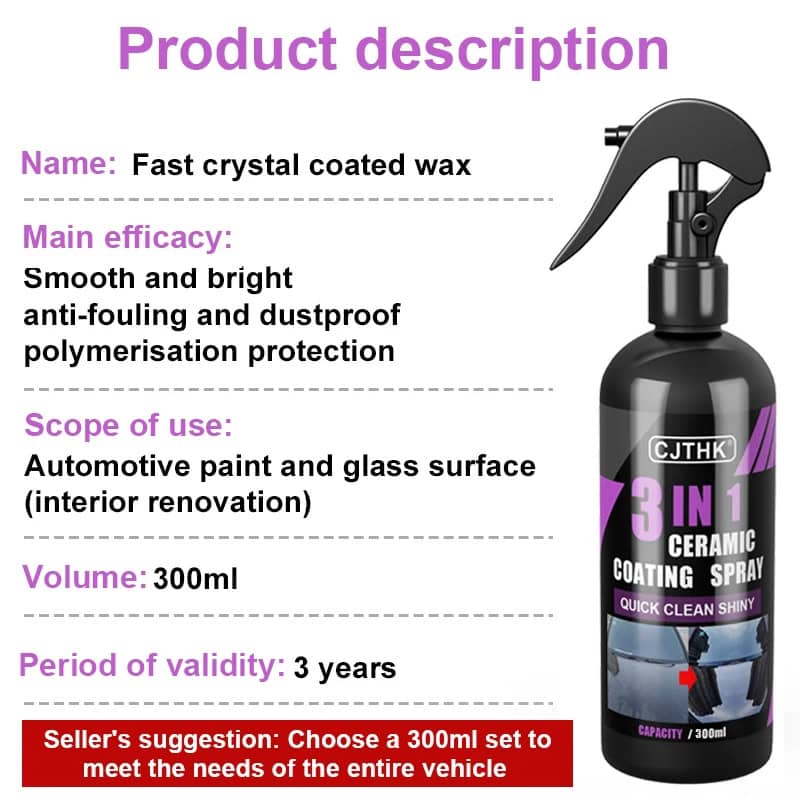 Car care ceramic coating spray for automotive paint and glass surfaces, quick clean and shiny protection, 300ml bottle, durable anti-fouling and dustproof polymerisation, vehicle interior renovation, Monalisa Store.