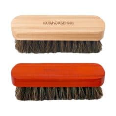 Horsehair shoe cleaning brushes with wooden and plastic handles, ideal for maintaining high-quality leather footwear, available at Monalisa Store for shoe care enthusiasts.