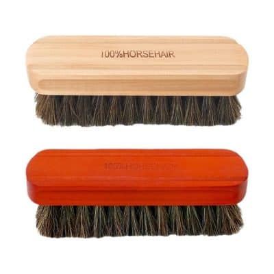 Horsehair shoe cleaning brushes with wooden and plastic handles, ideal for maintaining high-quality leather footwear, available at Monalisa Store for shoe care enthusiasts.