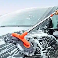 Microfiber car wash brush cleaning vehicle surface with foam, auto detailing, professional vehicle washing tools, automotive cleaning equipment for effective car care, Monalisa Store relevance.