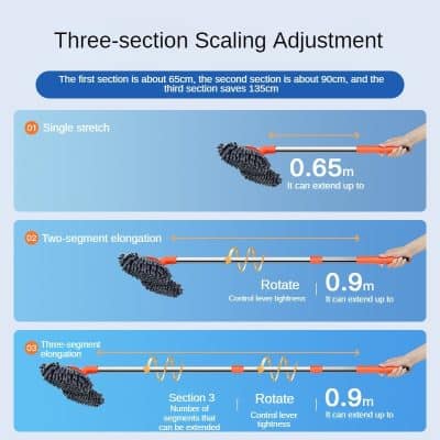 Extendable cleaning brush with adjustable sections for versatile use, up to 0.9 meters. Perfect for thorough household or car cleaning with easy control of length and rotation.