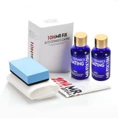 Optical lens coating kit with two blue bottles of ceramic coating solution labeled "Mr. Fix," an applicator sponge, and a cleaning cloth, designed for auto glass protection and durability enhancement, ideal for opticians and auto enthusiasts.