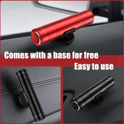Red cylindrical car phone holder with base for easy mounting and stability on vehicle dashboard and vents.