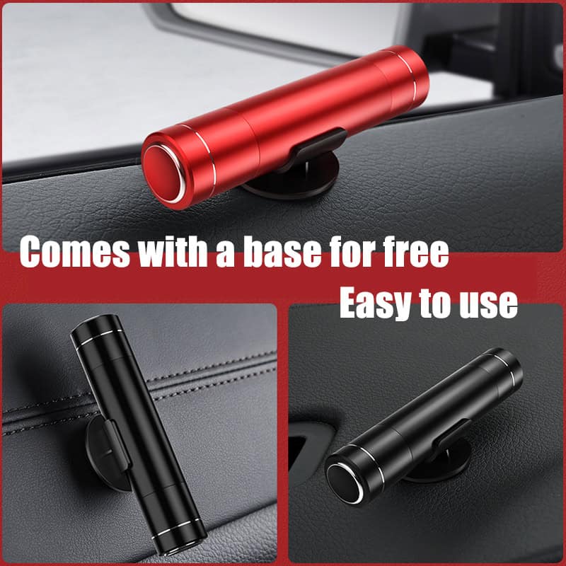 Red cylindrical car phone holder with base for easy mounting and stability on vehicle dashboard and vents.