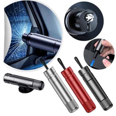 Shattered car window being inspected with a handheld tool, minimalist focus on car window repair and auto glass crack removal, featuring portable glass repair kits in silver, red, gray, and black.