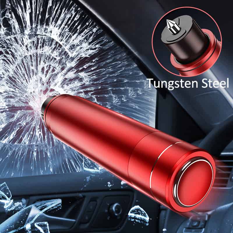 Shatterproof car window breaker tool with tungsten steel tip and red stainless steel body, designed for emergency rescue and glass-breaking safety. Compact and durable for vehicle safety.