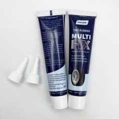 Tire repair adhesive multi F-X waterproof non-wetting non-hardening sealant for bicycle, car, motorcycle, and other automotive tire puncture repairs.