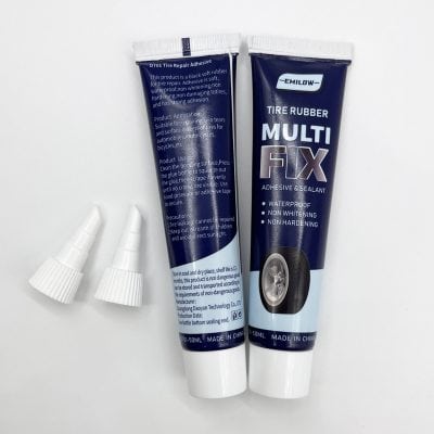 Tire repair adhesive multi F-X waterproof non-wetting non-hardening sealant for bicycle, car, motorcycle, and other automotive tire puncture repairs.