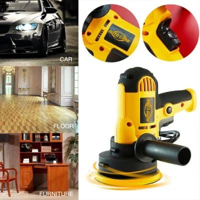 Cordless mini sander, yellow and black power tool for woodworking and DIY projects.