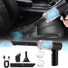 Portable cordless car vacuum cleaner with HEPA filter and multiple attachments for deep cleaning upholstery and car interior. Rechargeable handheld vacuum for cars.