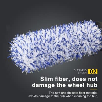 Microfiber wheel cleaning brush for car detailing, gentle on wheel hubs, removes dirt effectively, promotes safe cleaning, and prevents damage to delicate wheel surfaces. Perfect for car maintenance.