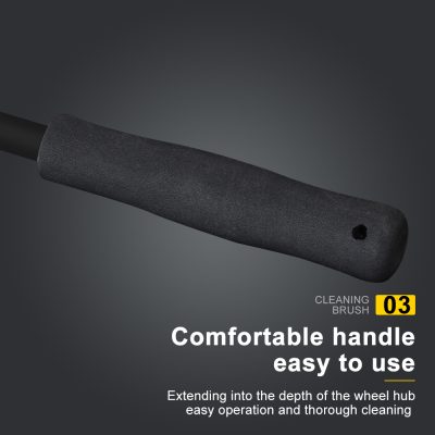 Black cleaning brush handle with ergonomic design for easy grip, ideal for wheel hub cleaning, offers comfortable operation and thorough cleaning in automotive maintenance.