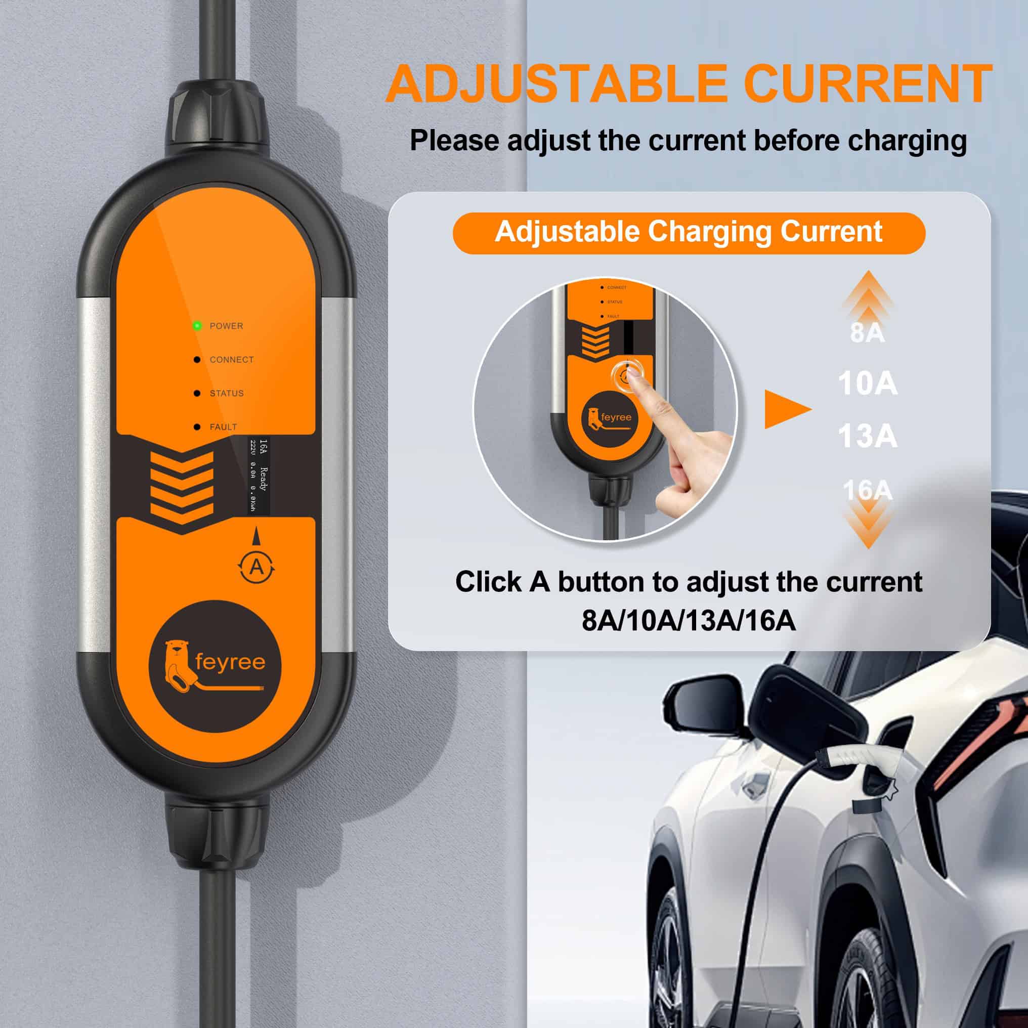 High-quality electric vehicle charging station with adjustable current settings for EV charging. Modern design with clear instructions for safe and efficient electric car charging.