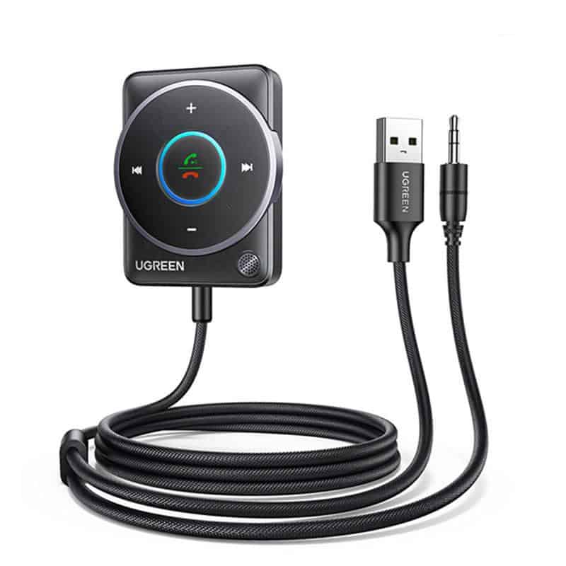 Wireless Bluetooth receiver with USB and 3.5mm audio jack for enhanced audio streaming.
