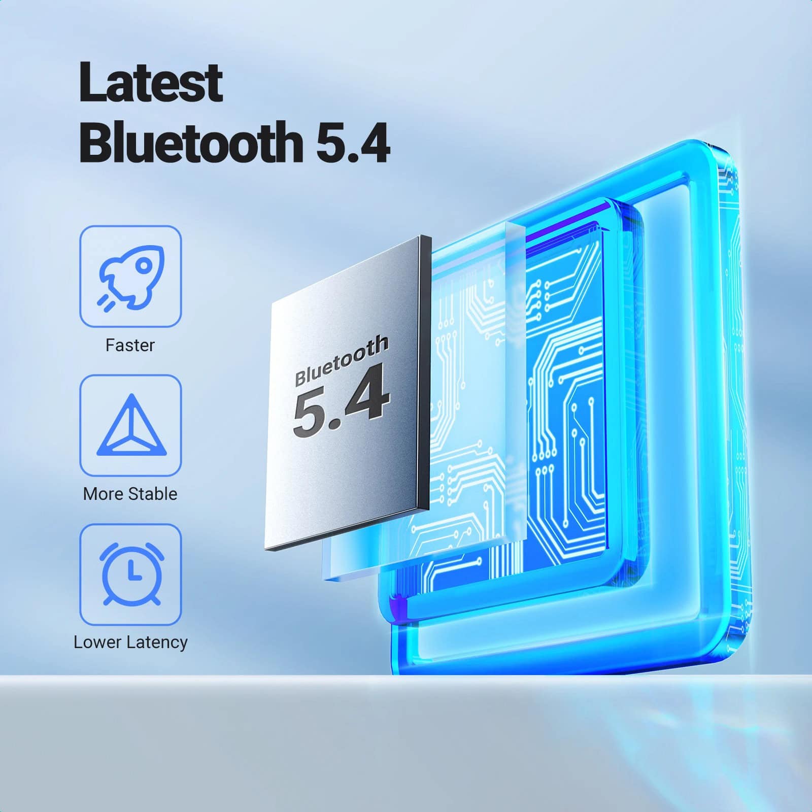 Bluetooth 5.4 technology concept, fast data transfer, stable connection, low latency for wireless devices, ideal for smart electronics, presented with a digital circuit background.