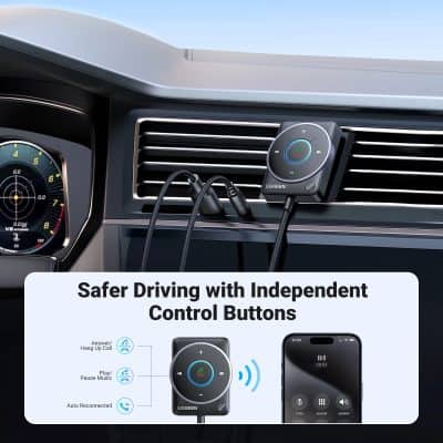 Wireless Bluetooth car kit with independent control buttons for hands-free calling and music, mounted on vehicle air vent for safe and convenient driver communication.