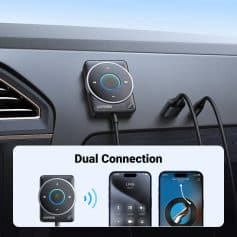 Ugreen dual connection Bluetooth transmitter for car, compatible with smartphones and tablets, seamlessly connects to stereo systems for hands-free calling and music streaming.